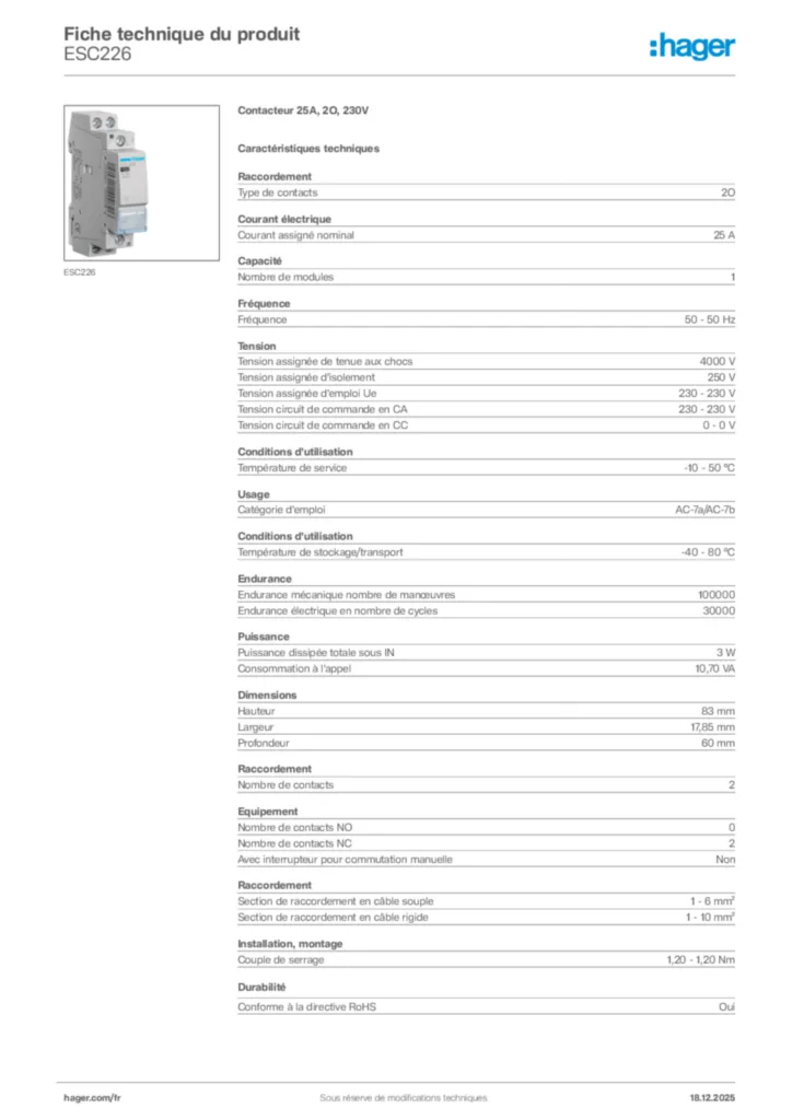 Image Hager Fiche technique du produit ESC226 | Hager France
