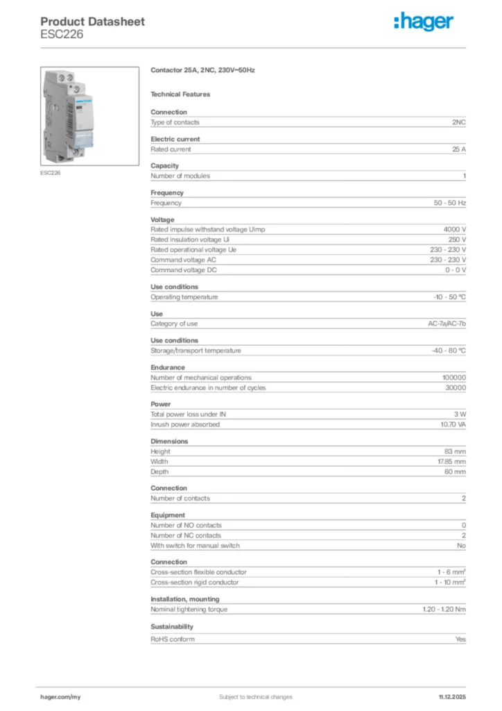 Image Hager Product data sheet ESC226  | Hager