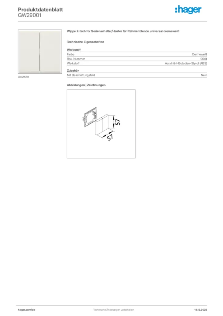 Bild Hager Produktdatenblatt GW29001 | Hager Deutschland