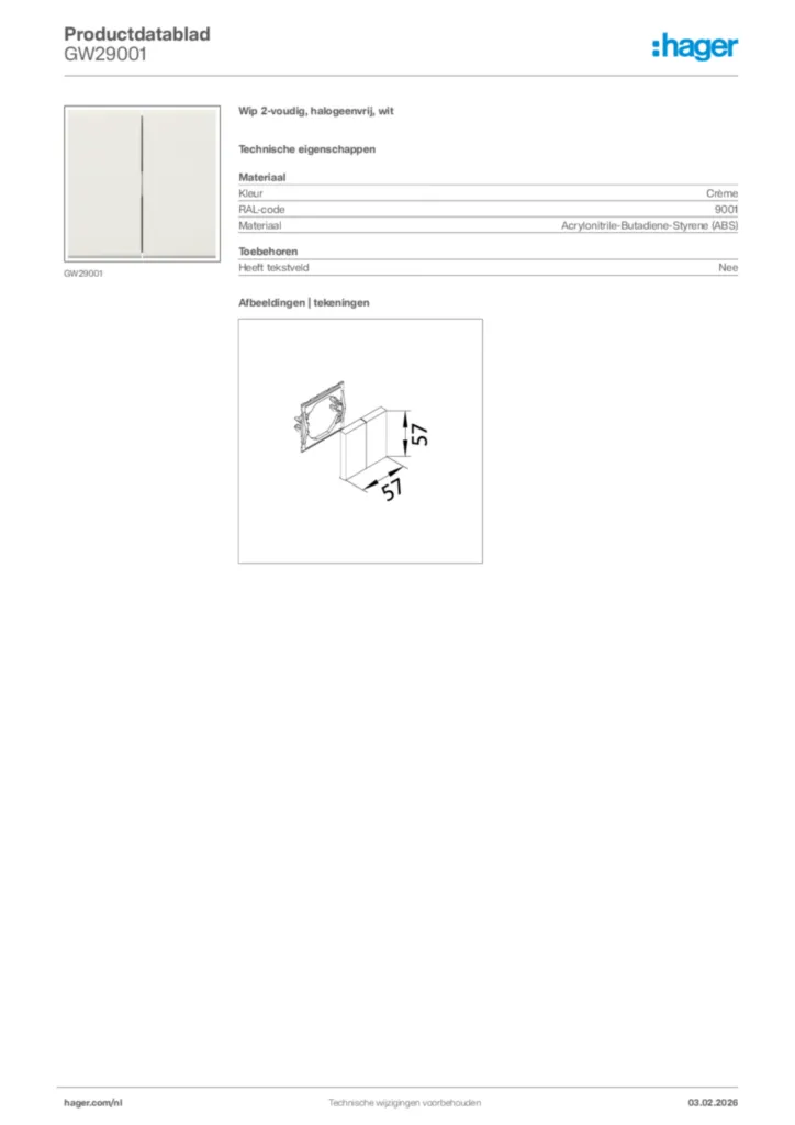 Afbeelding Hager Productdatablad GW29001 | Hager Nederland