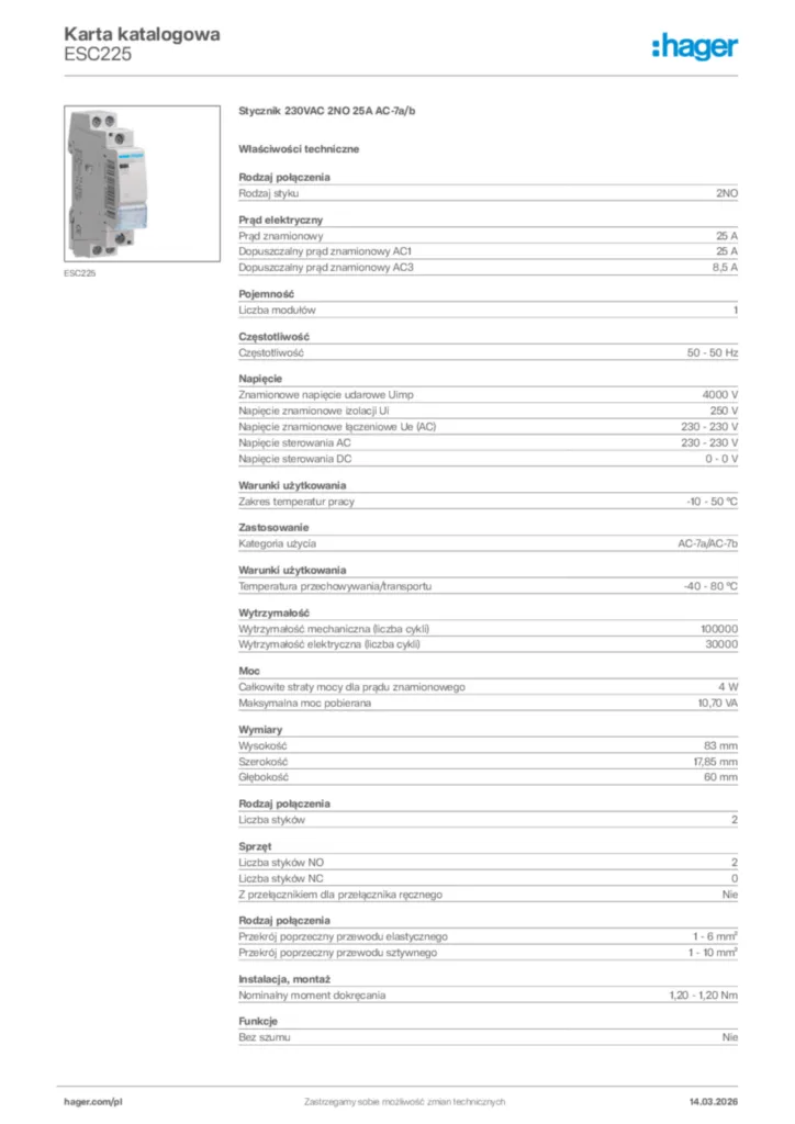 Zdjęcie Hager Karta katalogowa ESC225 | Hager Polska