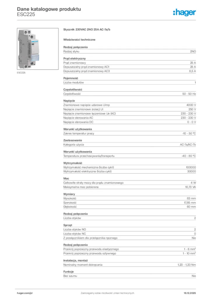 Zdjęcie Hager Karta katalogowa ESC225 | Hager Polska