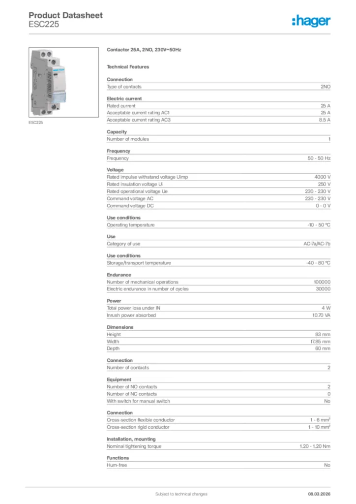 Image Hager Product data sheet ESC225  | Hager Africa