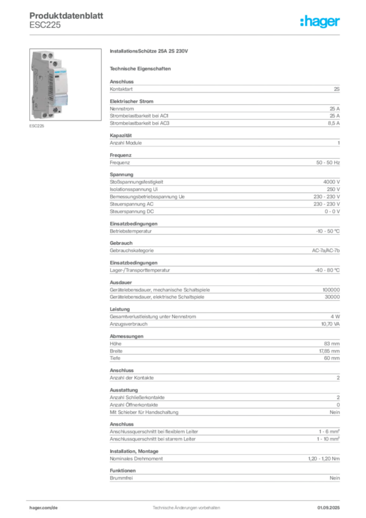 Hager Produktdatenblatt ESC225