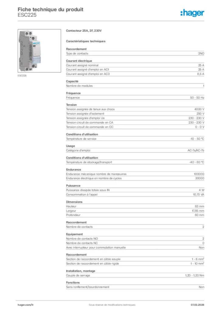 Image Hager Fiche technique du produit ESC225 | Hager France