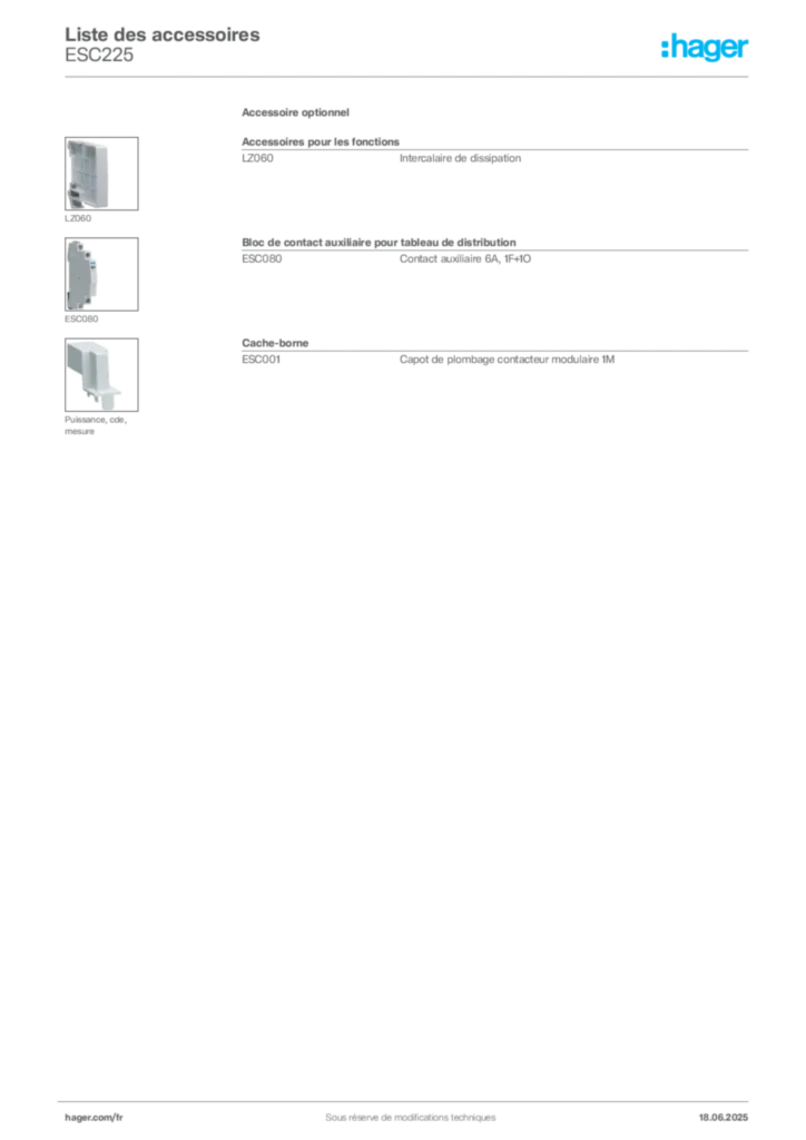 Image Hager Fiche technique du produit ESC225 | Hager France