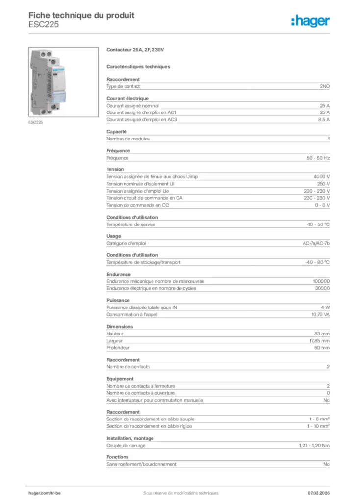 Image Hager Fiche technique du produit ESC225 | Hager Belgique