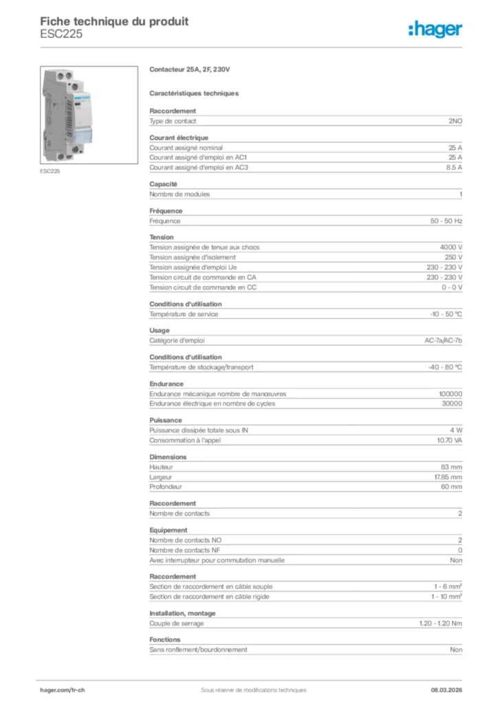 Image Hager Fiche technique du produit ESC225 | Hager Suisse