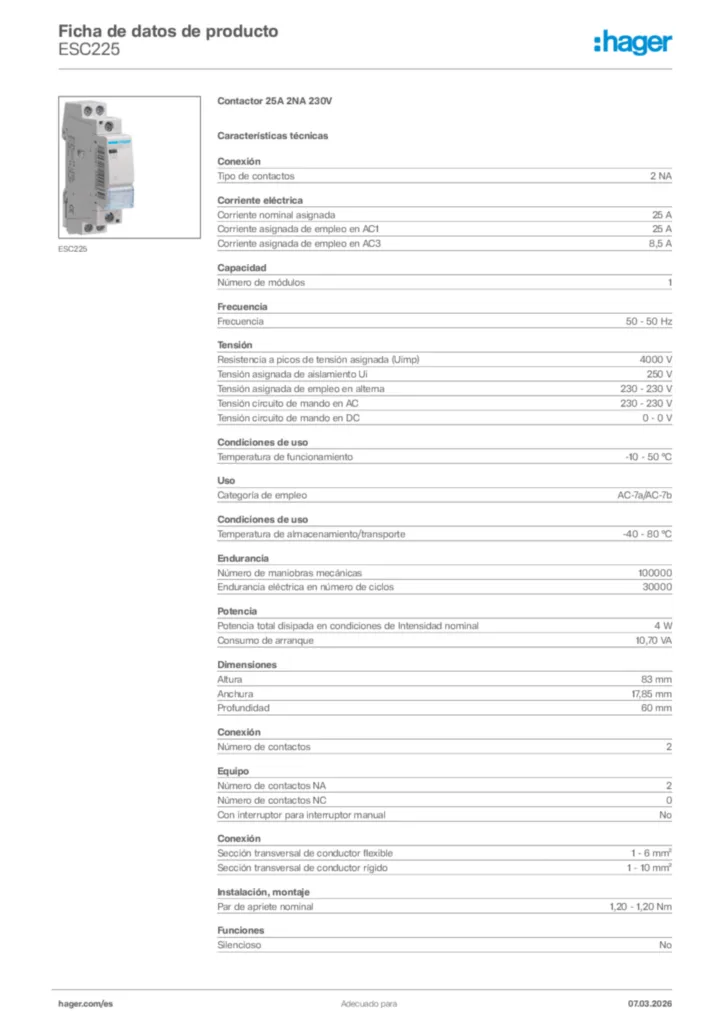 Imagen Hager Ficha de datos de producto ESC225 | Hager España