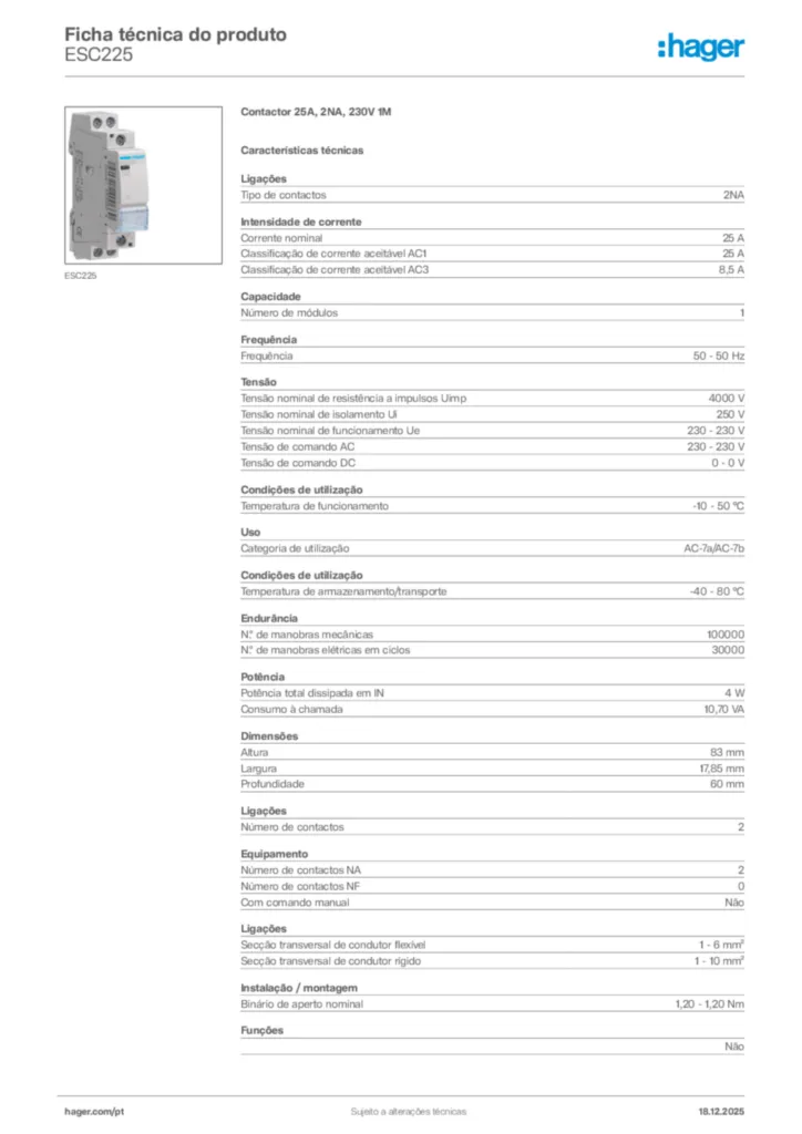 Imagem Hager Ficha técnica do produto ESC225 | Hager Portugal