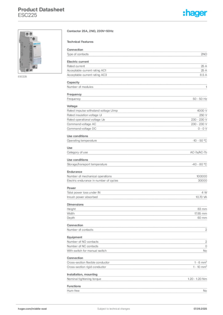Image Hager Product data sheet ESC225  | Hager