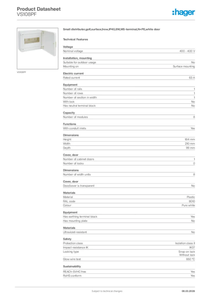 Image Hager Product data sheet VS108PF  | Hager Africa