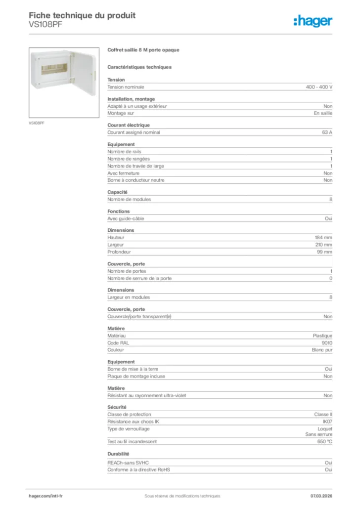 Image Hager Fiche technique du produit VS108PF | Hager Afrique