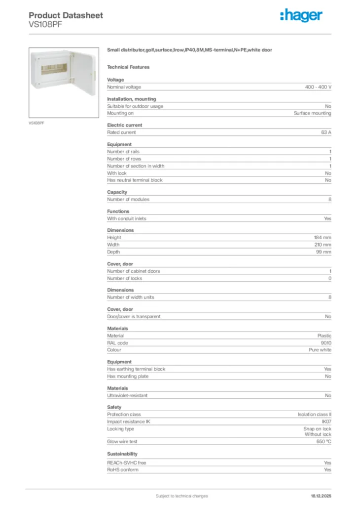 Image Hager Product data sheet VS108PF  | Hager