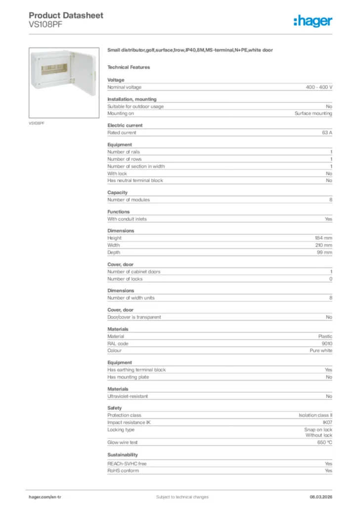 Image Hager Product data sheet VS108PF  | Hager
