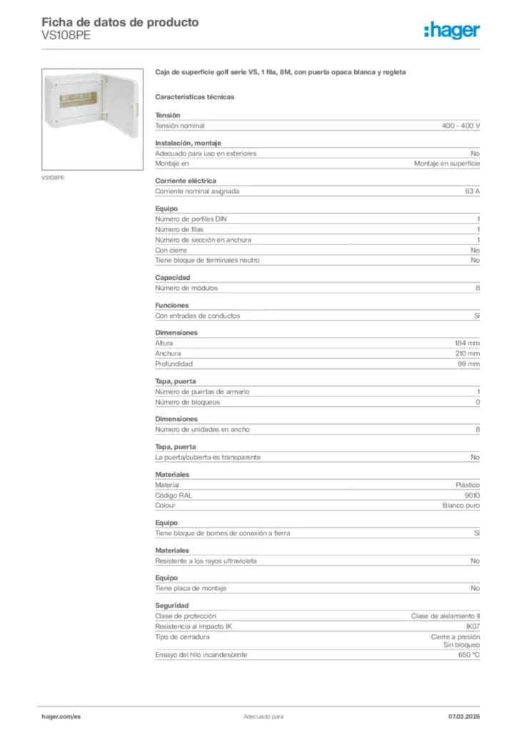Imagen Hager Ficha de datos de producto VS108PE | Hager España
