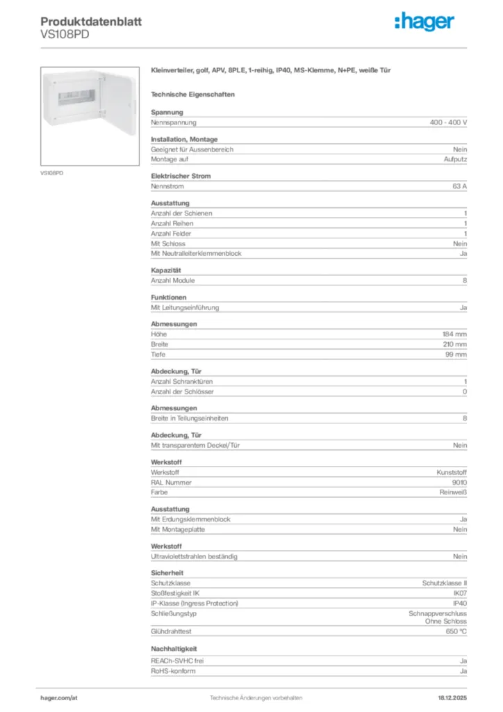 Bild Hager Produktdatenblatt VS108PD | Hager Deutschland