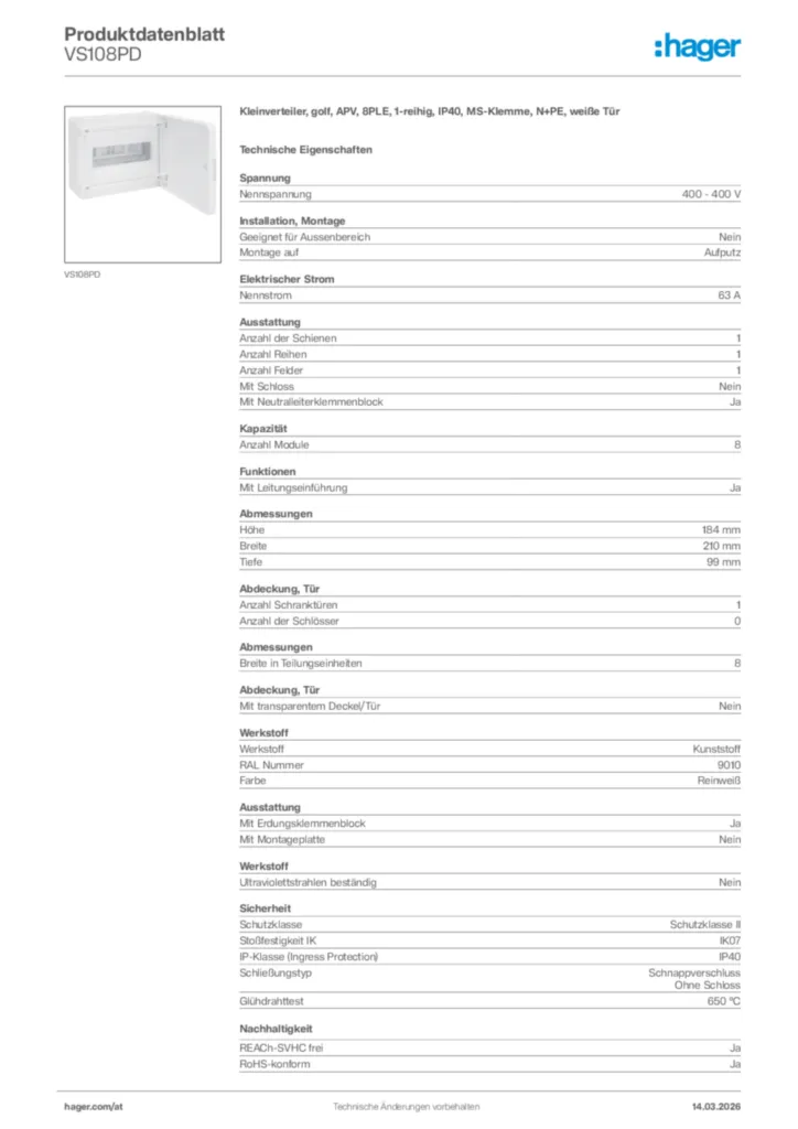 Bild Hager Produktdatenblatt VS108PD | Hager Deutschland