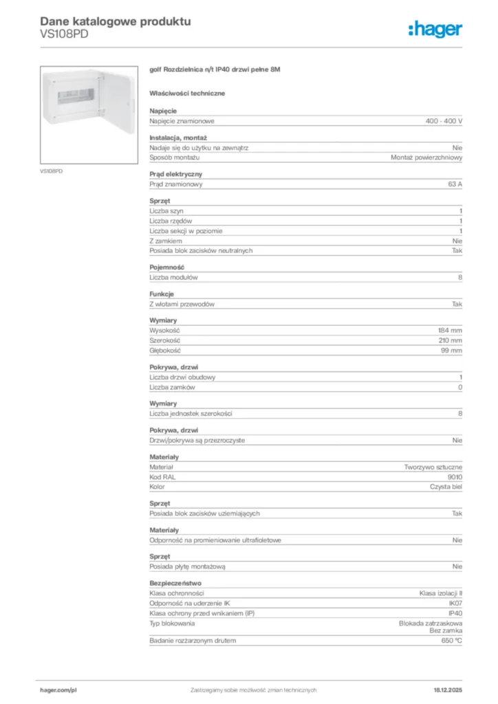 Zdjęcie Hager Karta katalogowa VS108PD | Hager Polska