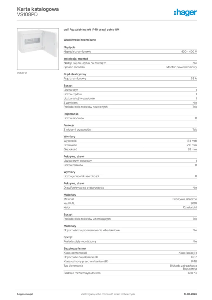 Zdjęcie Hager Karta katalogowa VS108PD | Hager Polska