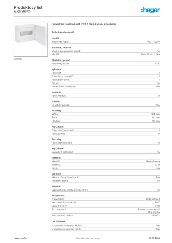 Obrázek Hager Product data sheet VS108PD | Hager