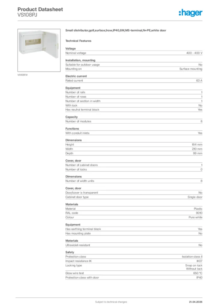 Image Hager Product data sheet VS108PJ  | Hager Africa