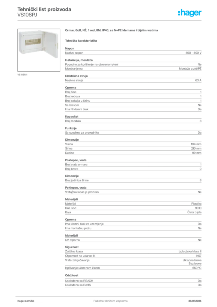 Slika Hager Product data sheet VS108PJ  | Hager