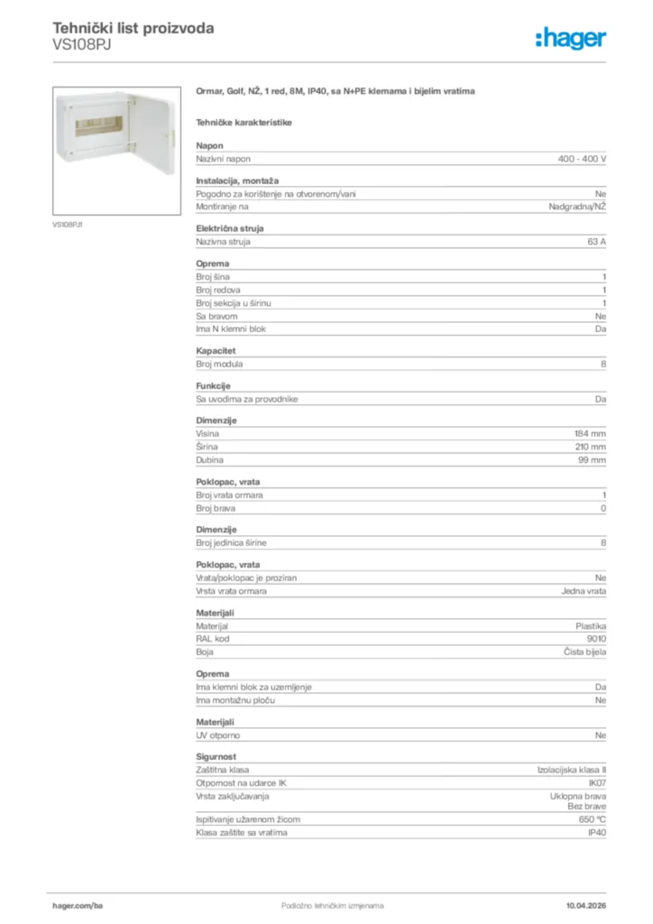 Slika Hager Tehnički list proizvoda VS108PJ  | Hager
