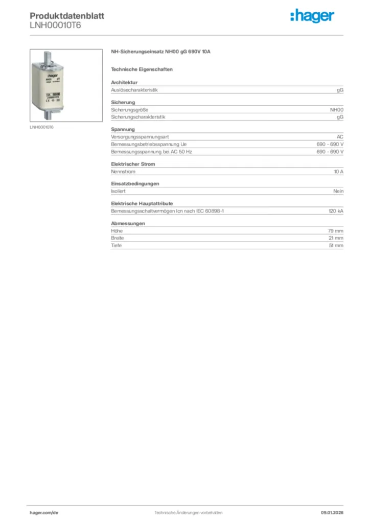 Bild Hager Produktdatenblatt LNH00010T6 | Hager Deutschland