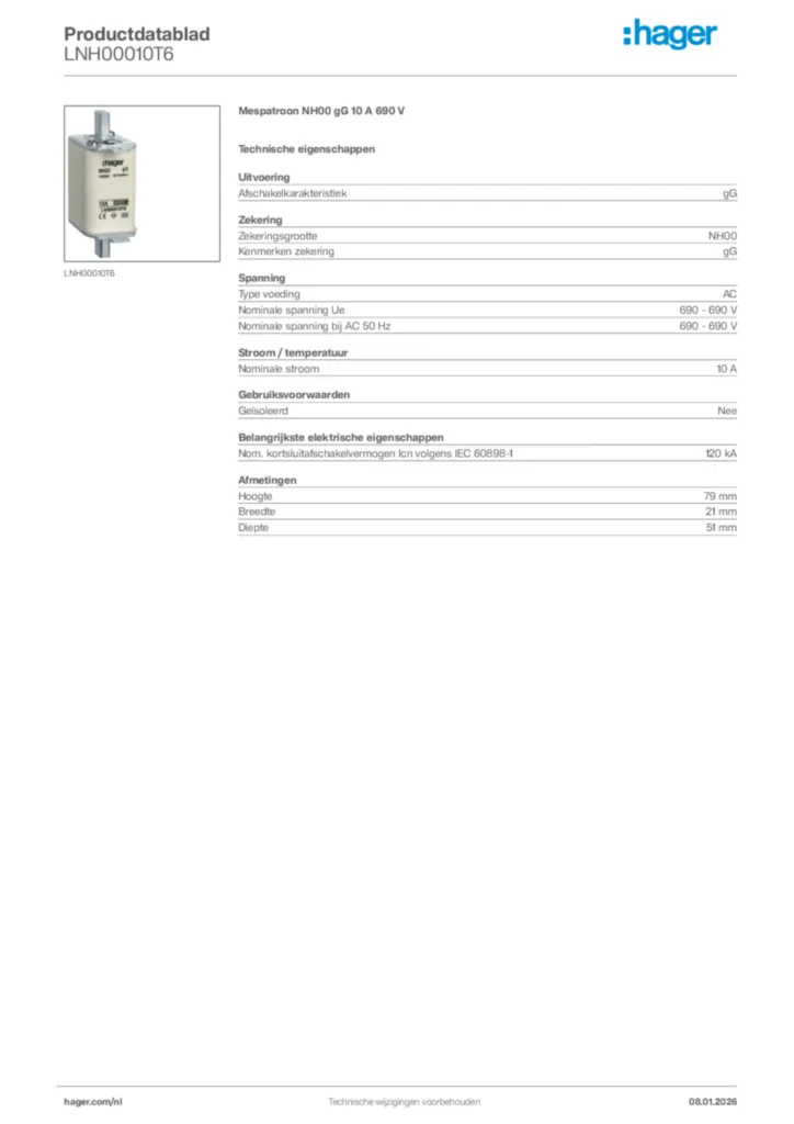 Afbeelding Hager Productdatablad LNH00010T6 | Hager Nederland