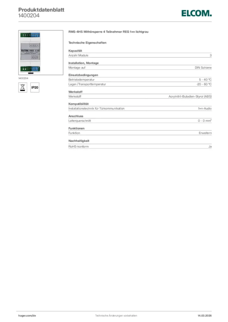Bild Elcom Produktdatenblatt 1400204 | Hager Deutschland