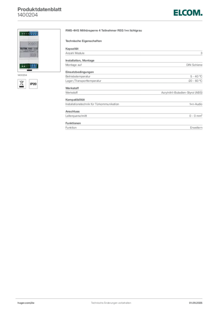 Bild Elcom Produktdatenblatt 1400204 | Hager Deutschland