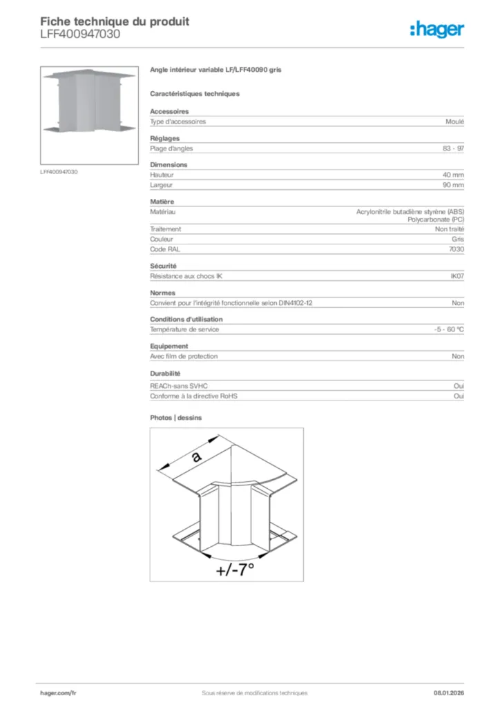 Image Hager Fiche technique du produit LFF400947030 | Hager France