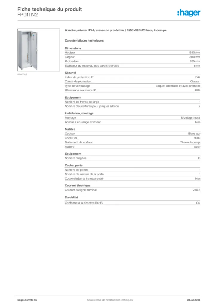 Image Hager Fiche technique du produit FP01TN2 | Hager Suisse