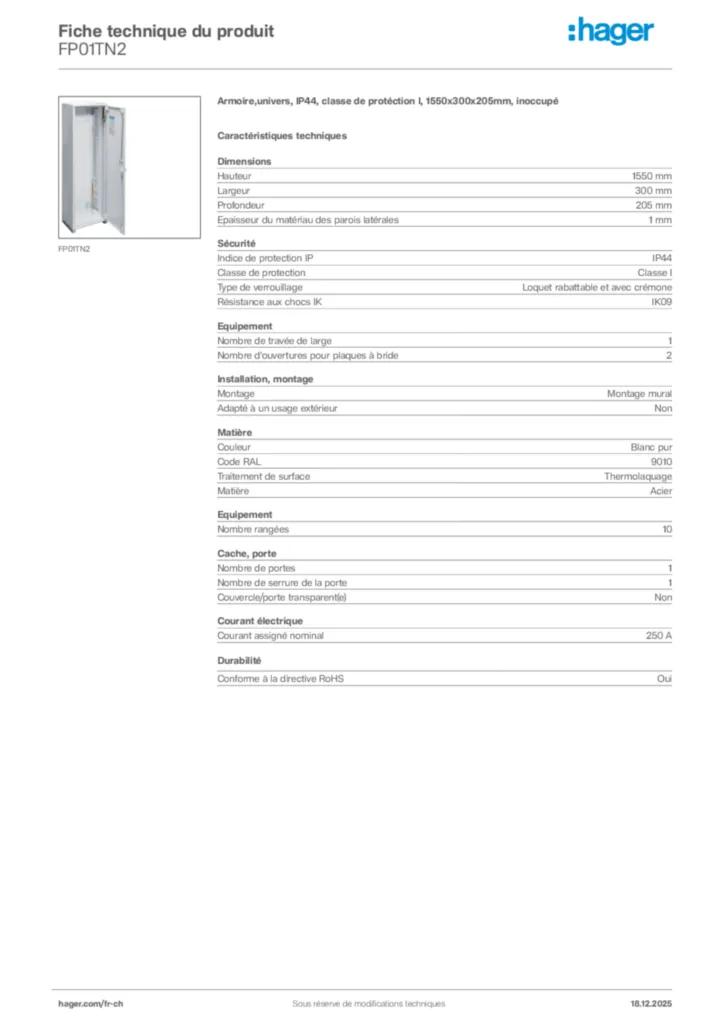 Image Hager Fiche technique du produit FP01TN2 | Hager Suisse
