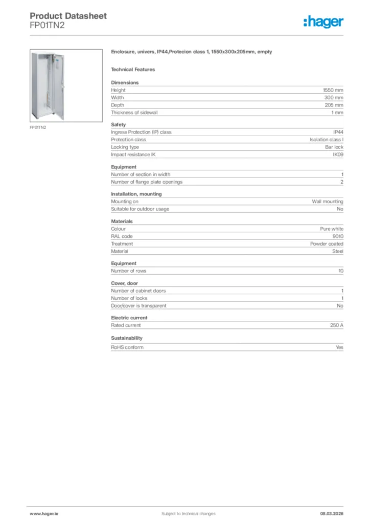 Image Hager Product data sheet FP01TN2  | Hager