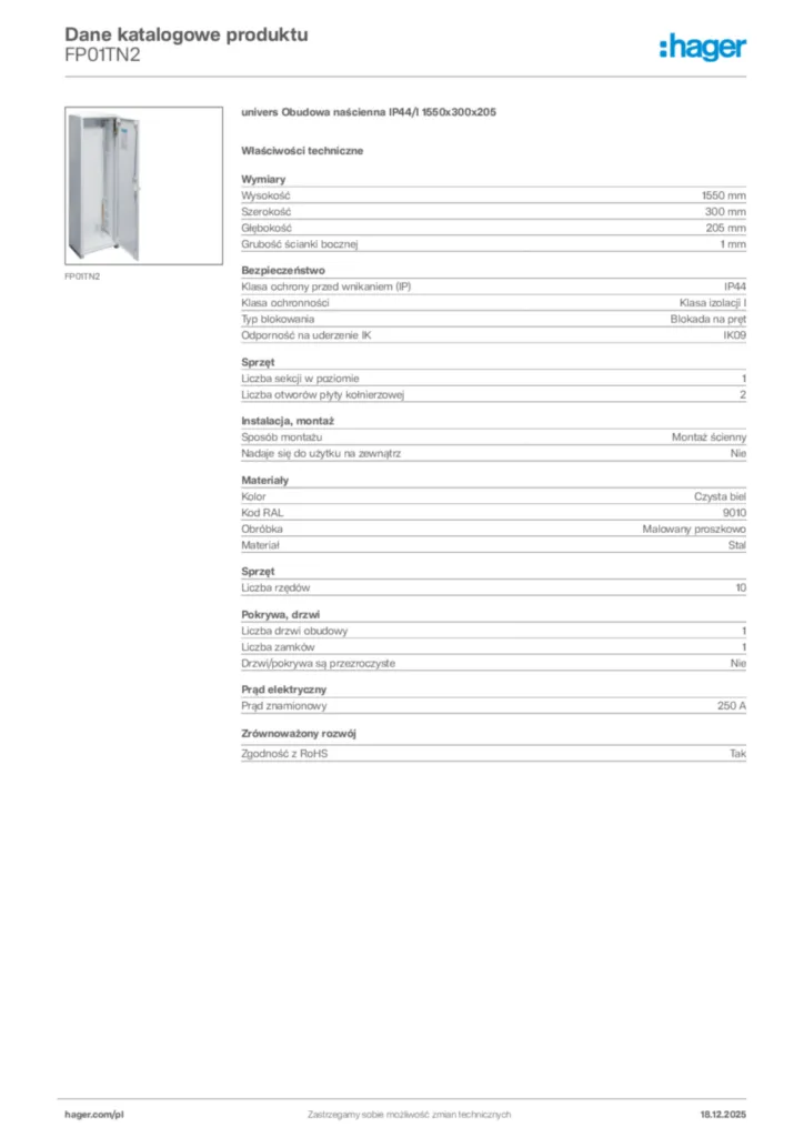 Zdjęcie Hager Karta katalogowa FP01TN2 | Hager Polska