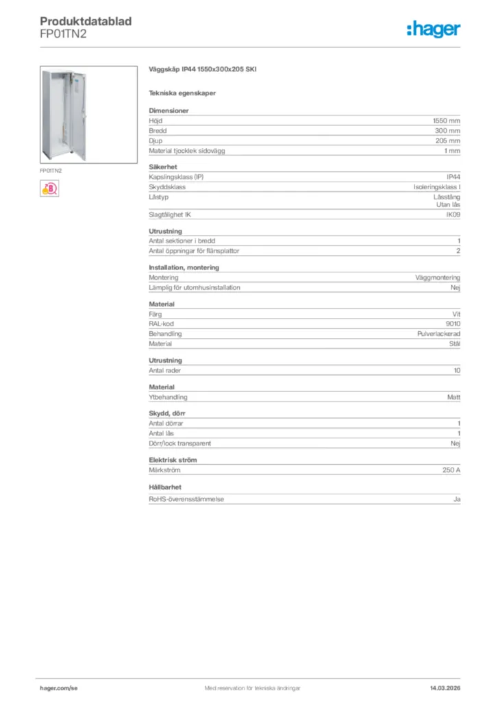 Bild Hager Produktdatablad FP01TN2 | Hager Sverige