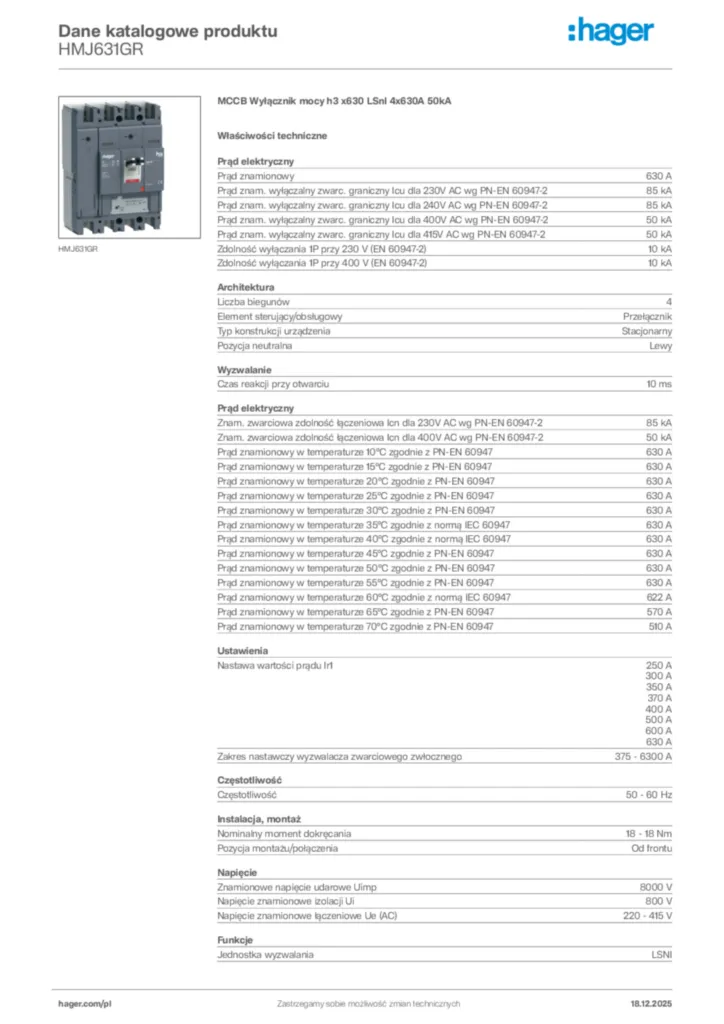Zdjęcie Hager Karta katalogowa HMJ631GR | Hager Polska