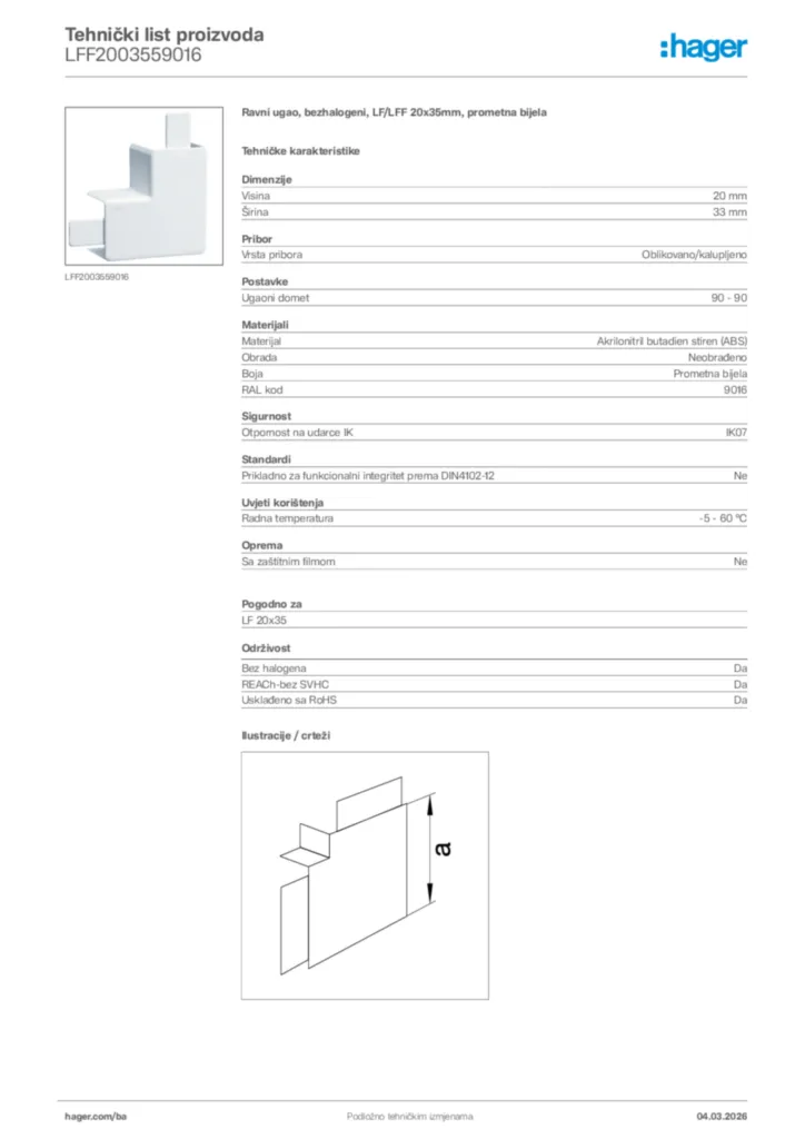 Slika Hager Tehnički list proizvoda LFF2003559016  | Hager