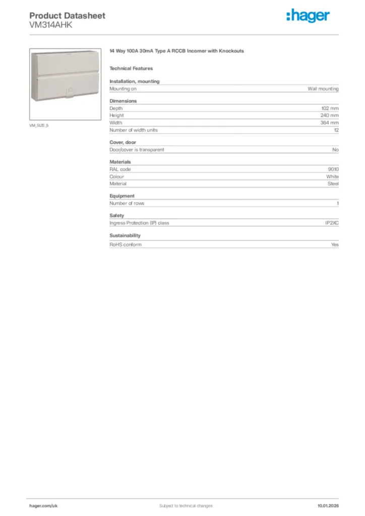 Image Hager Product data sheet VM314AHK  | Hager