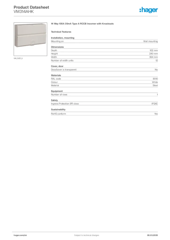 Image Hager Product data sheet VM314AHK  | Hager