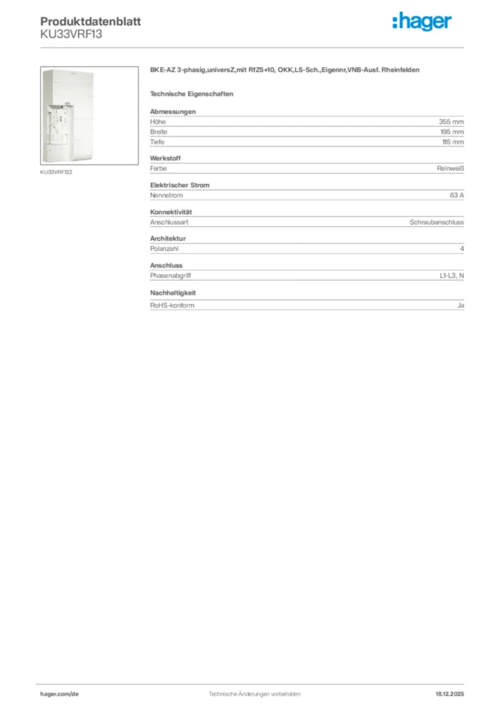 Bild Hager Produktdatenblatt KU33VRF13 | Hager Deutschland