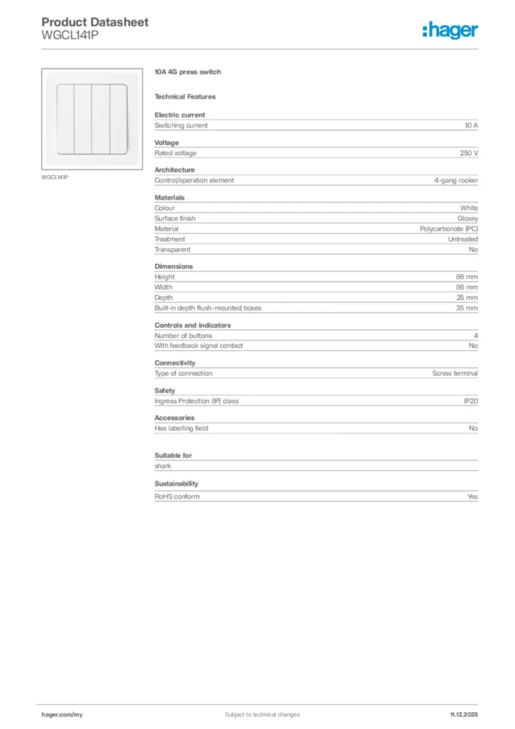 Image Hager Product data sheet WGCL141P  | Hager
