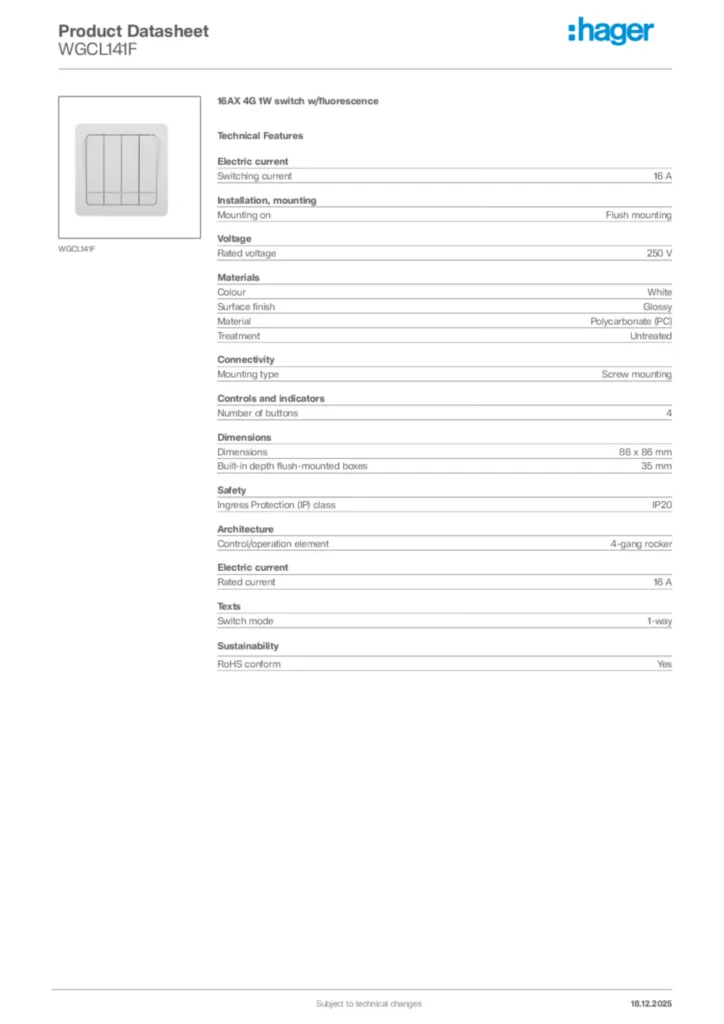 Image Hager Product data sheet WGCL141F  | Hager Africa