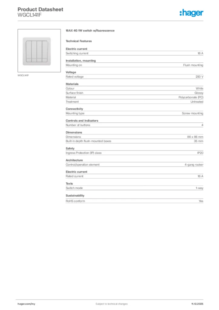 Image Hager Product data sheet WGCL141F  | Hager