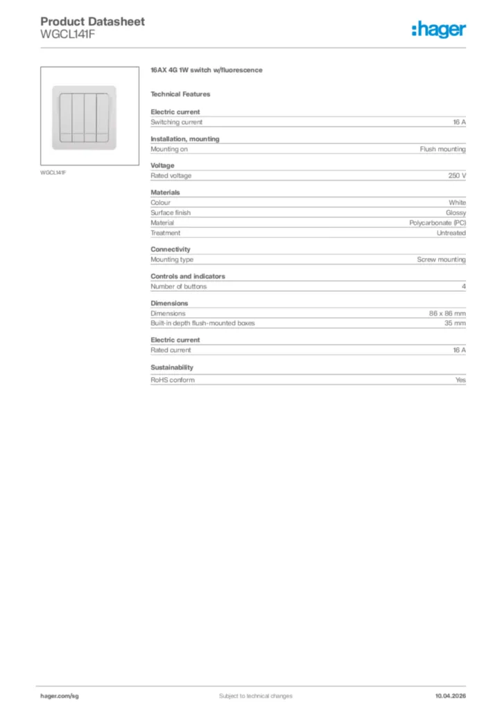 Image Hager Product data sheet WGCL141F  | Hager