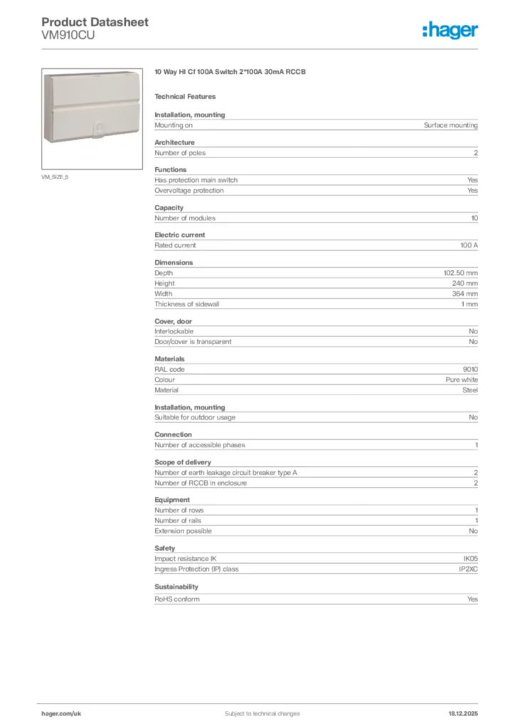 Image Hager Product data sheet VM910CU  | Hager