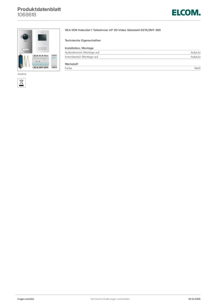 Bild Elcom Produktdatenblatt 1068618 | Hager Deutschland