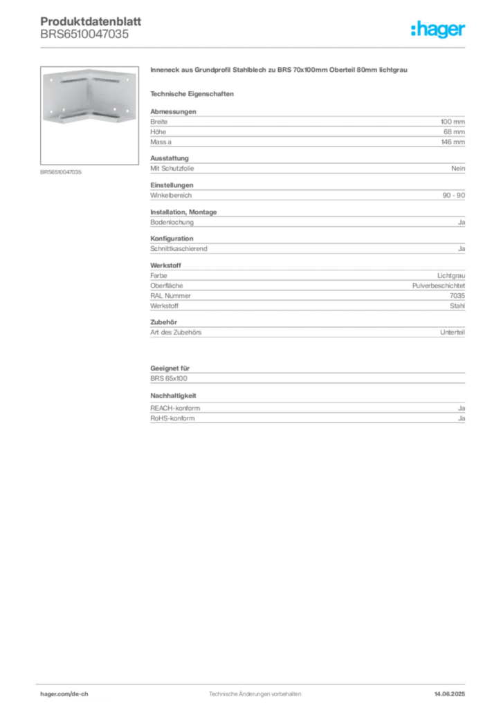 Bild Hager Produktdatenblatt BRS6510047035 | Hager Schweiz